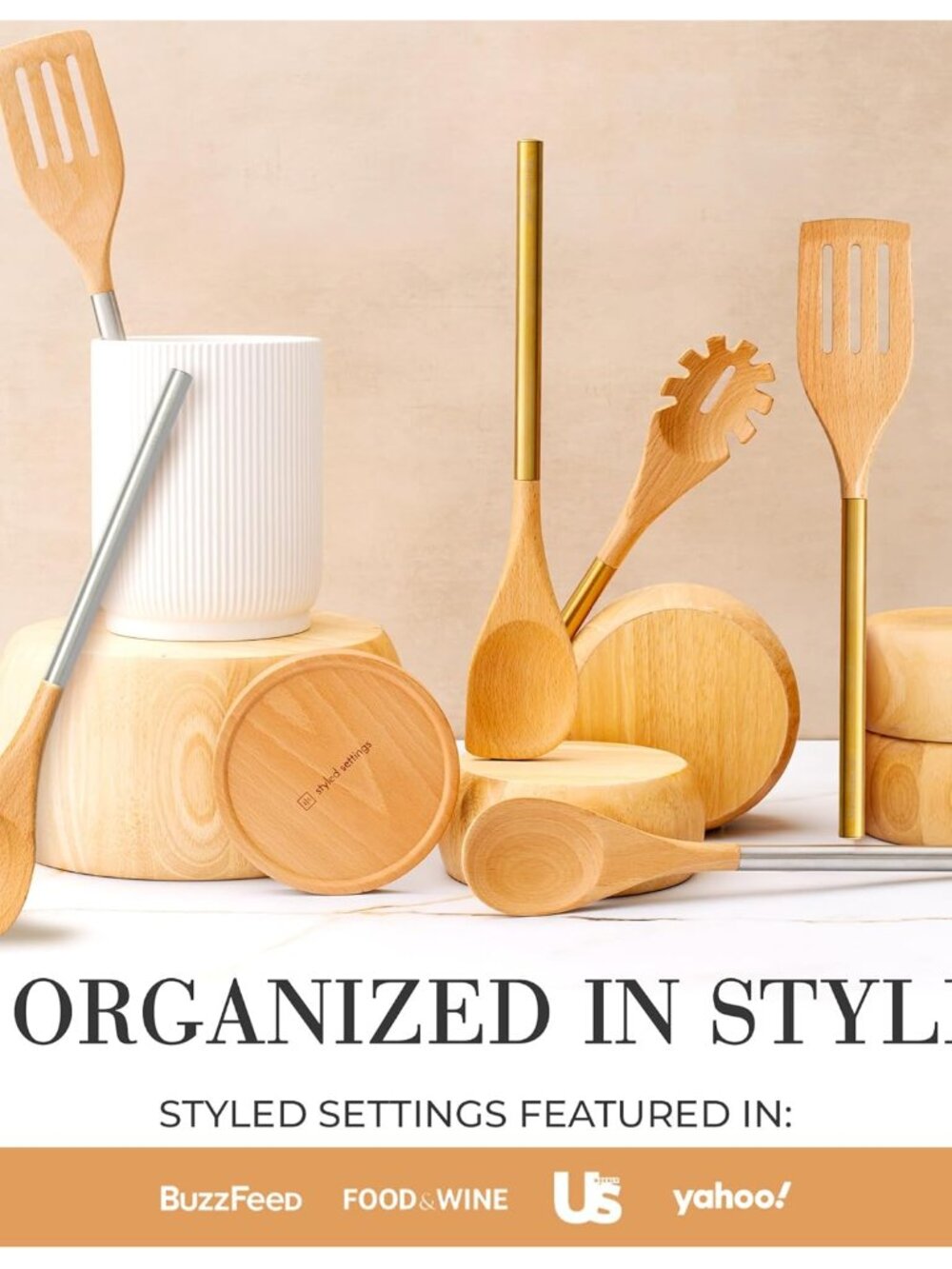 White Ceramic Utensil Holder with Built-In Wooden Spoon Rest –2PC Set for Kitche - Picture 6 of 8
